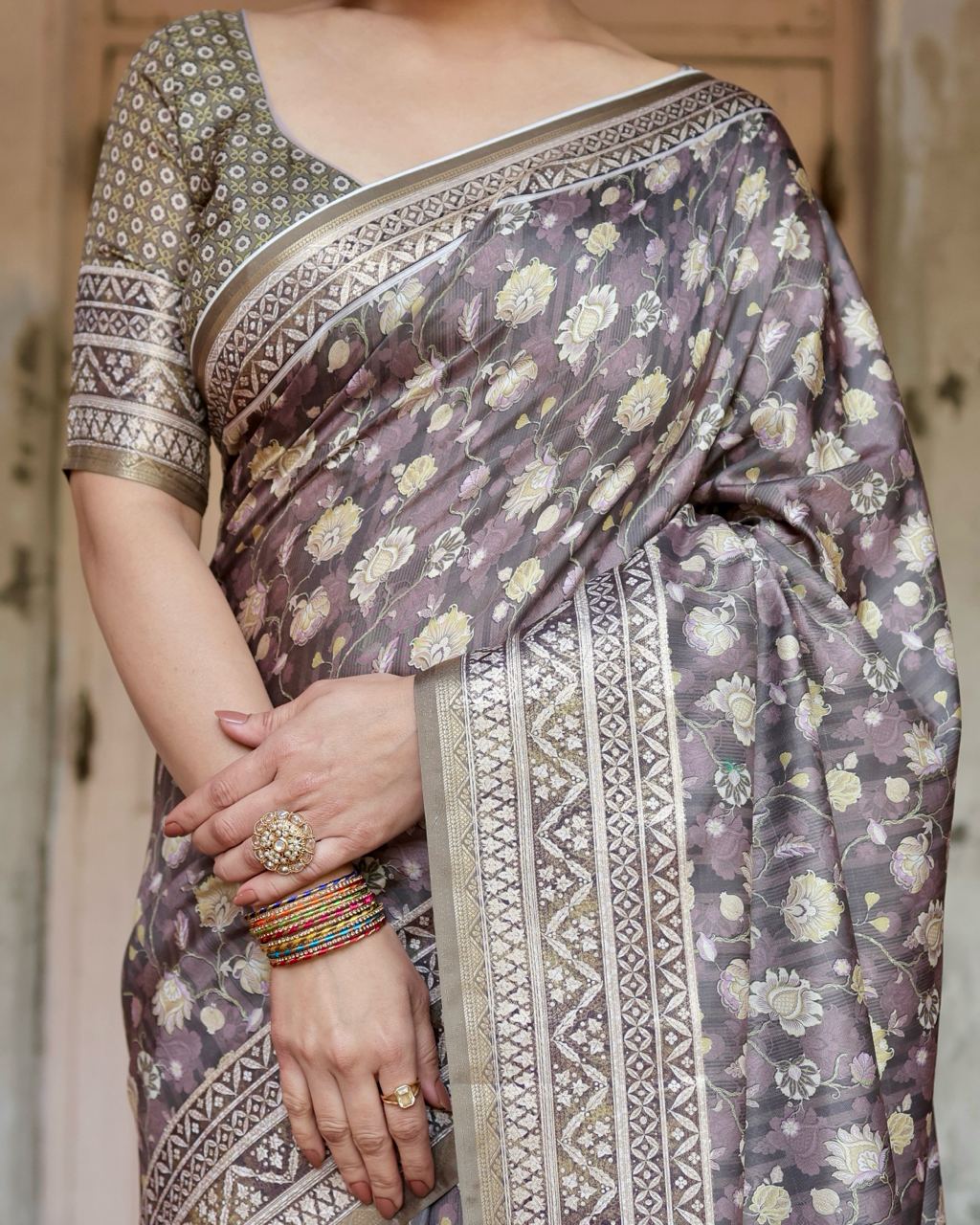 Mauve Taupe Pure Silk Digital Printed Saree