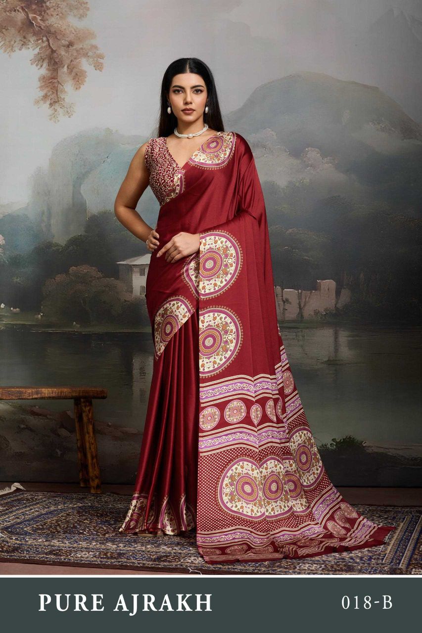 Modal Satin Ajrakh Print Saree with Matching Blouse