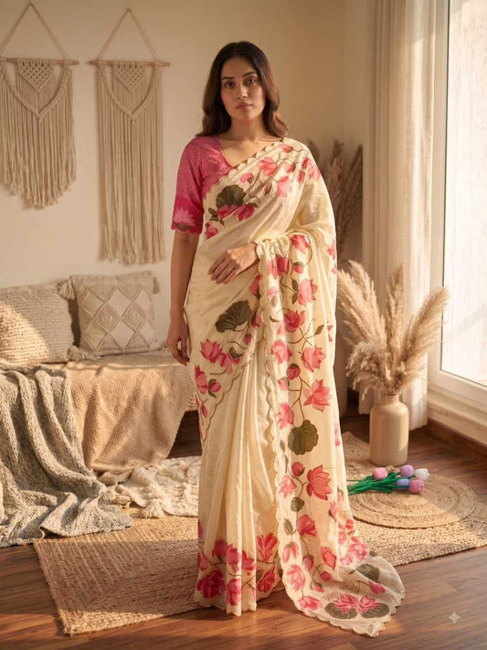 Premium Tabby Silk Saree with Floral Print, Beads & Katdana Handwork