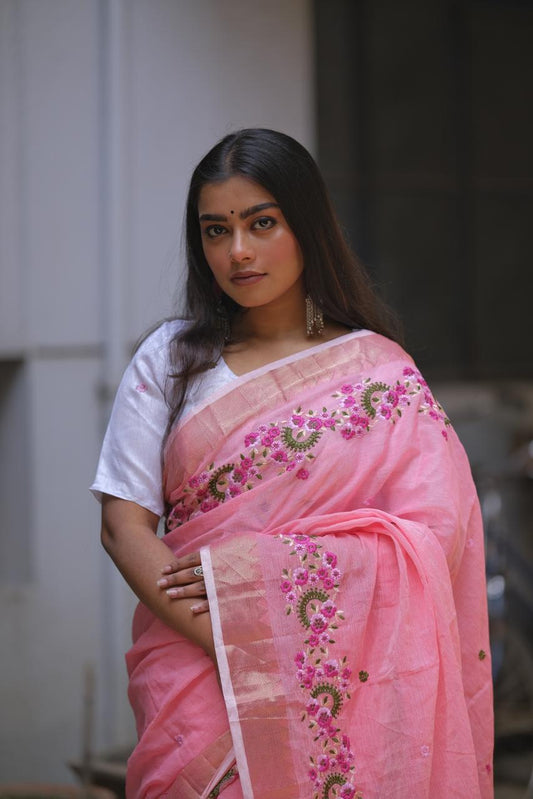 Embroidery Soft Linen Designer Sarees
