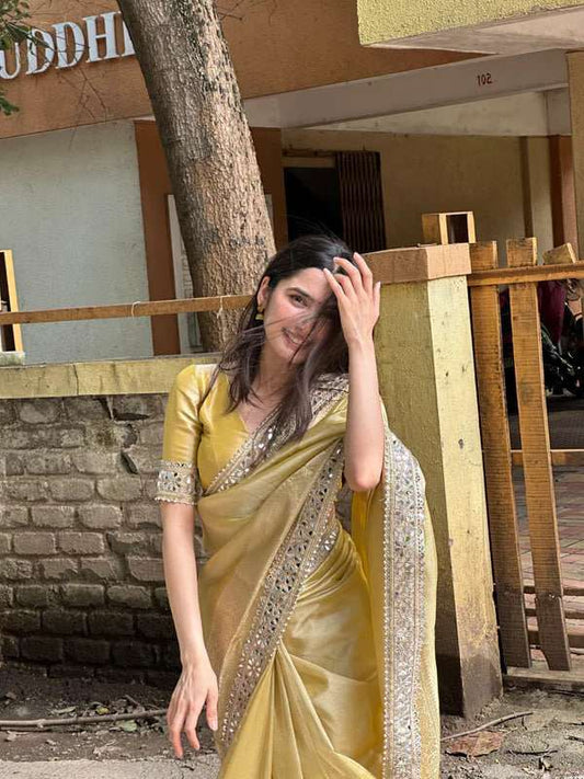 Rajkumari Mirror Soft Tussar Organza Saree with Woven Pallu and Mirror Lace Border