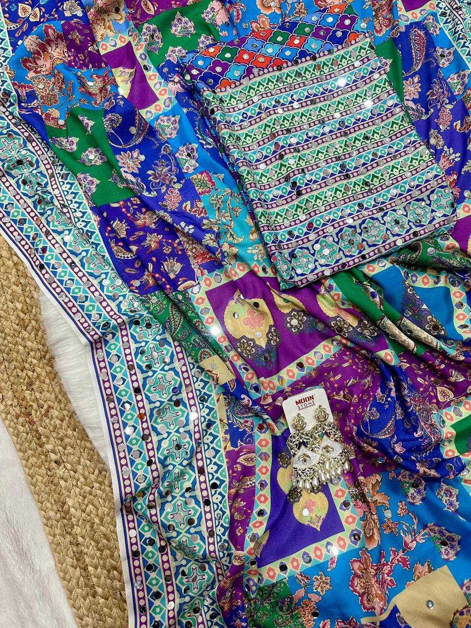 Digital Print Chinon Silk Saree with Real Mirror Work and Matching Blouse