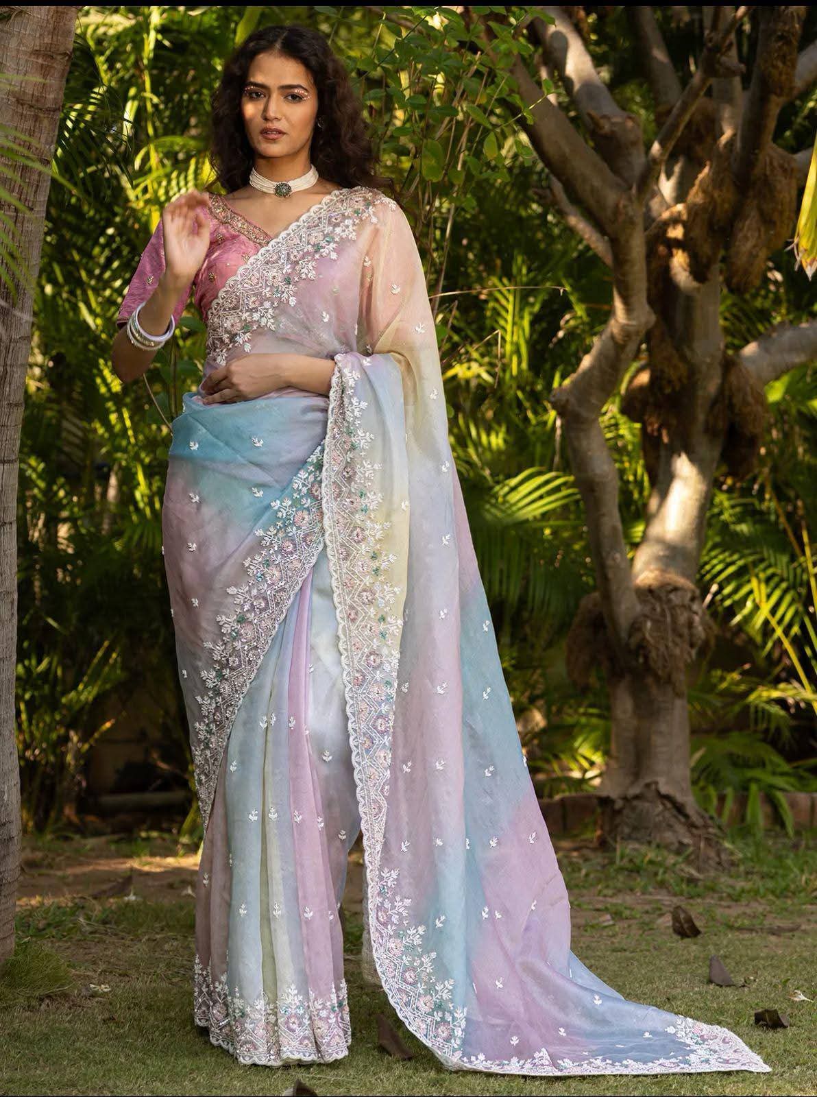 Soft Satin Organza Leheriya Saree with Silver Zari & Sequin Work