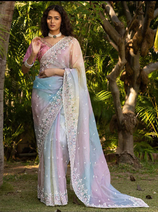 Soft Satin Organza Leheriya Saree with Silver Zari & Sequin Work