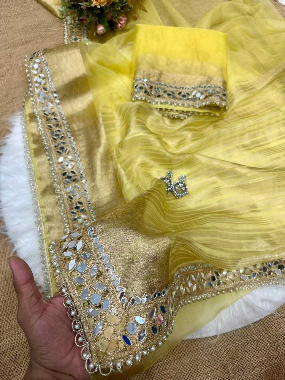 Rajkumari Mirror Soft Tussar Organza Saree with Woven Pallu and Mirror Lace Border