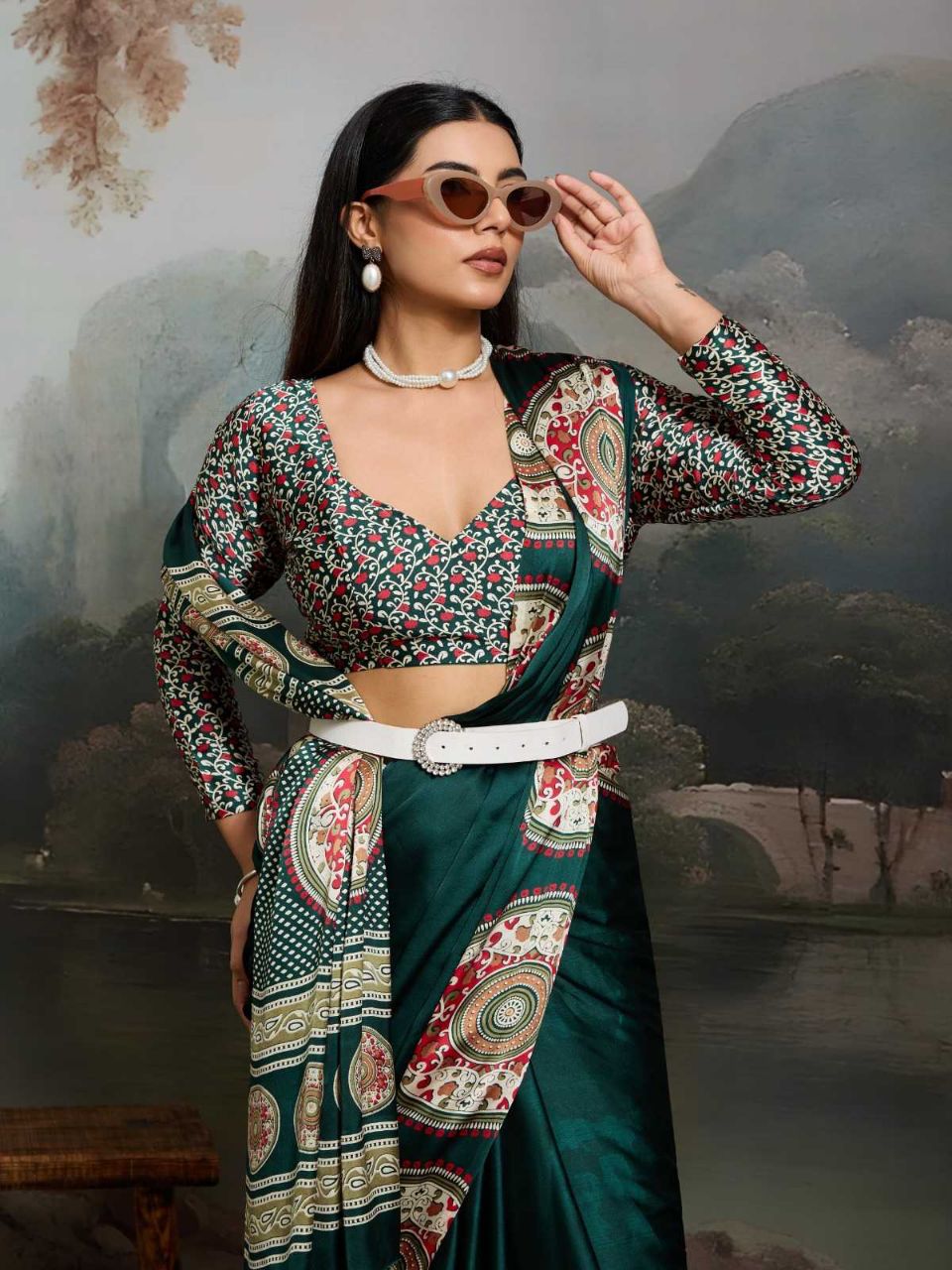 Modal Satin Ajrakh Print Saree with Matching Blouse