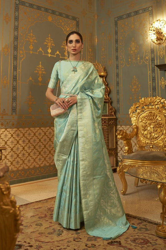 Blue Woven Satin Saree With Blouse