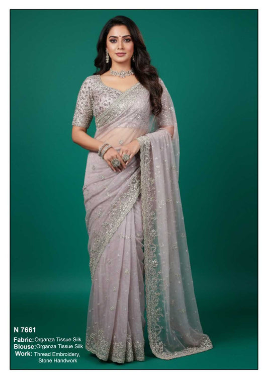 Organza Embroidered and Thread Work Contemporary Sari for Ceremonial