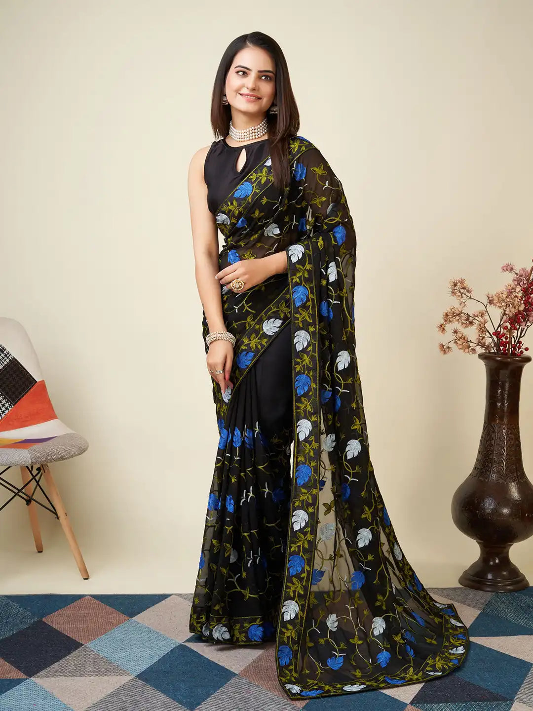 Premium Faux Georgette Saree with Kashmiri Work & Piping Border