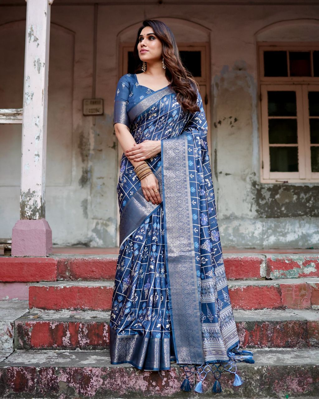 Navy Blue Color Pure Silk Digital Printed Party Wear Saree