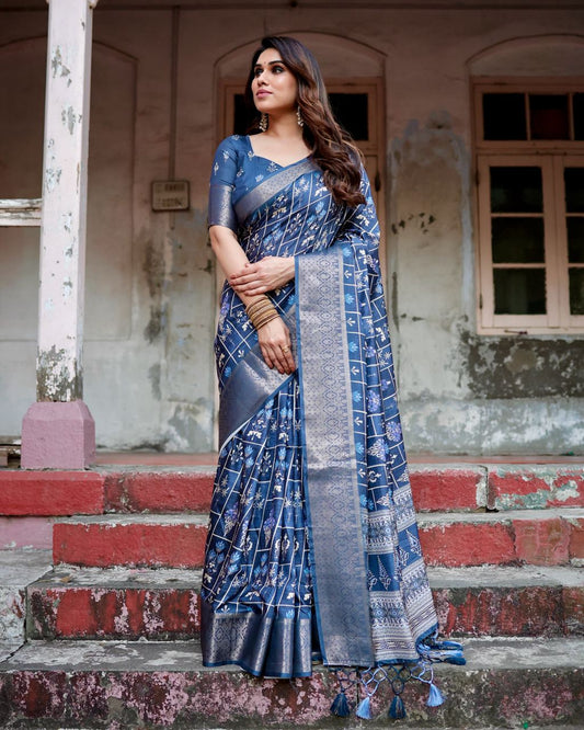 Navy Blue Color Pure Silk Digital Printed Party Wear Saree