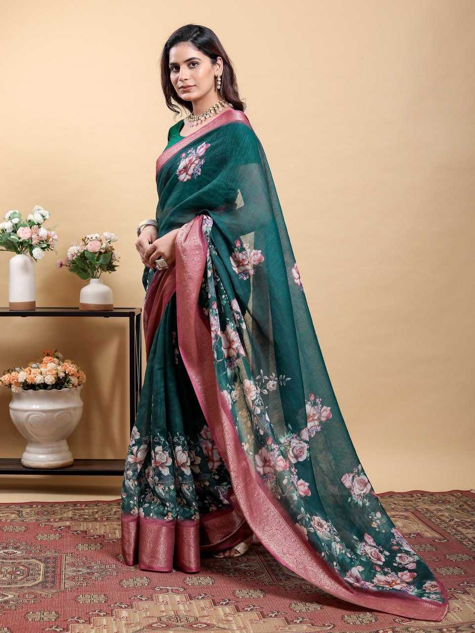 Jacquard Patta Linen Cotton Saree with Large Floral Digital Print & Contrast Zari Border