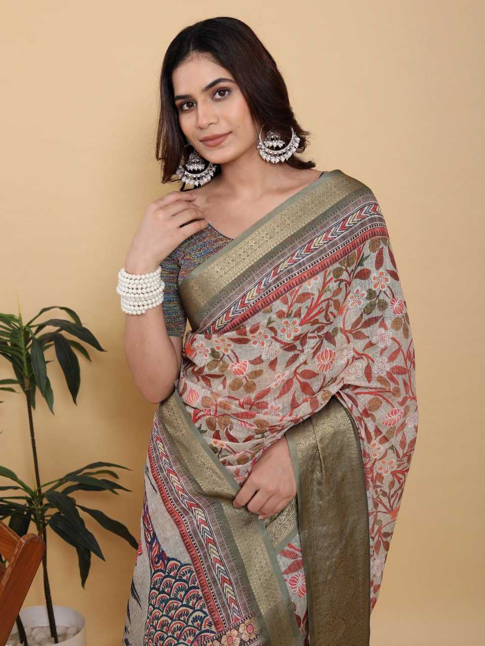 Jacquard Patta Linen Cotton Saree with Traditional Motifs & Elephant Design Pallu