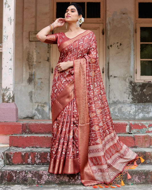 Marron Color Pure Silk Digital Printed Party Wear Saree