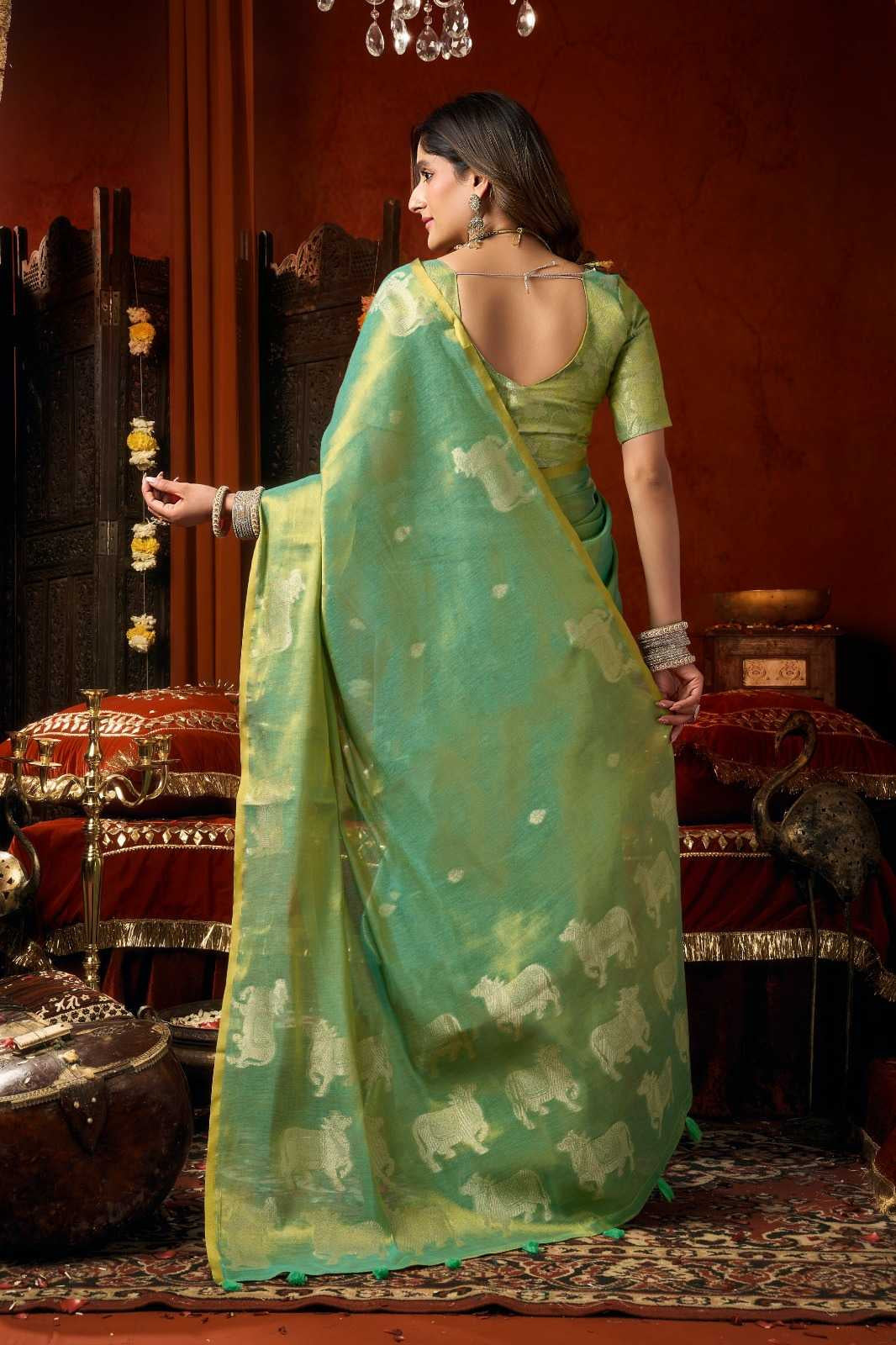 Heavy Tissue Saree with All-Over Cow Butta, Jacquard Weaving & Fancy Tassels