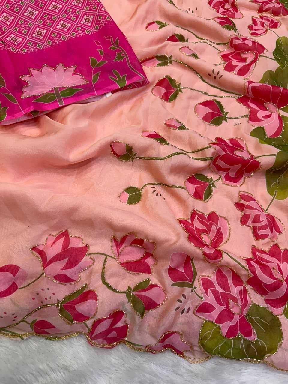 Premium Tabby Silk Saree with Floral Print, Beads & Katdana Handwork