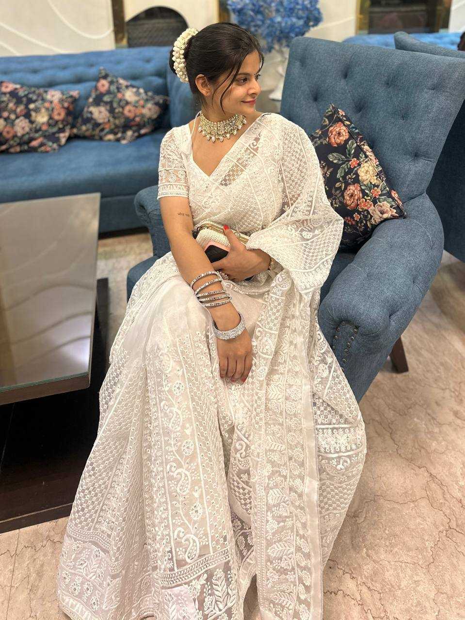 Pure Organza Embroidered Saree with Matching Blouse