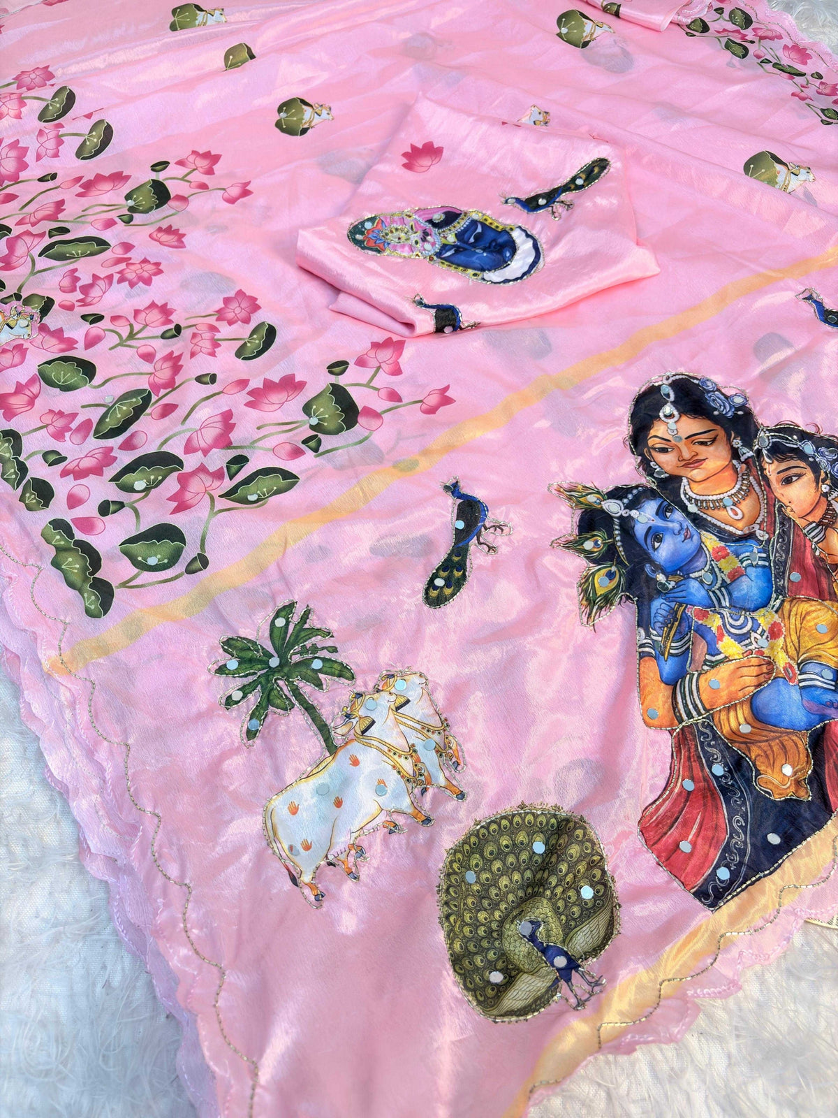Soft Silk Saree with Shrinathjee Matching Print & Heavy Mirror Work Blouse