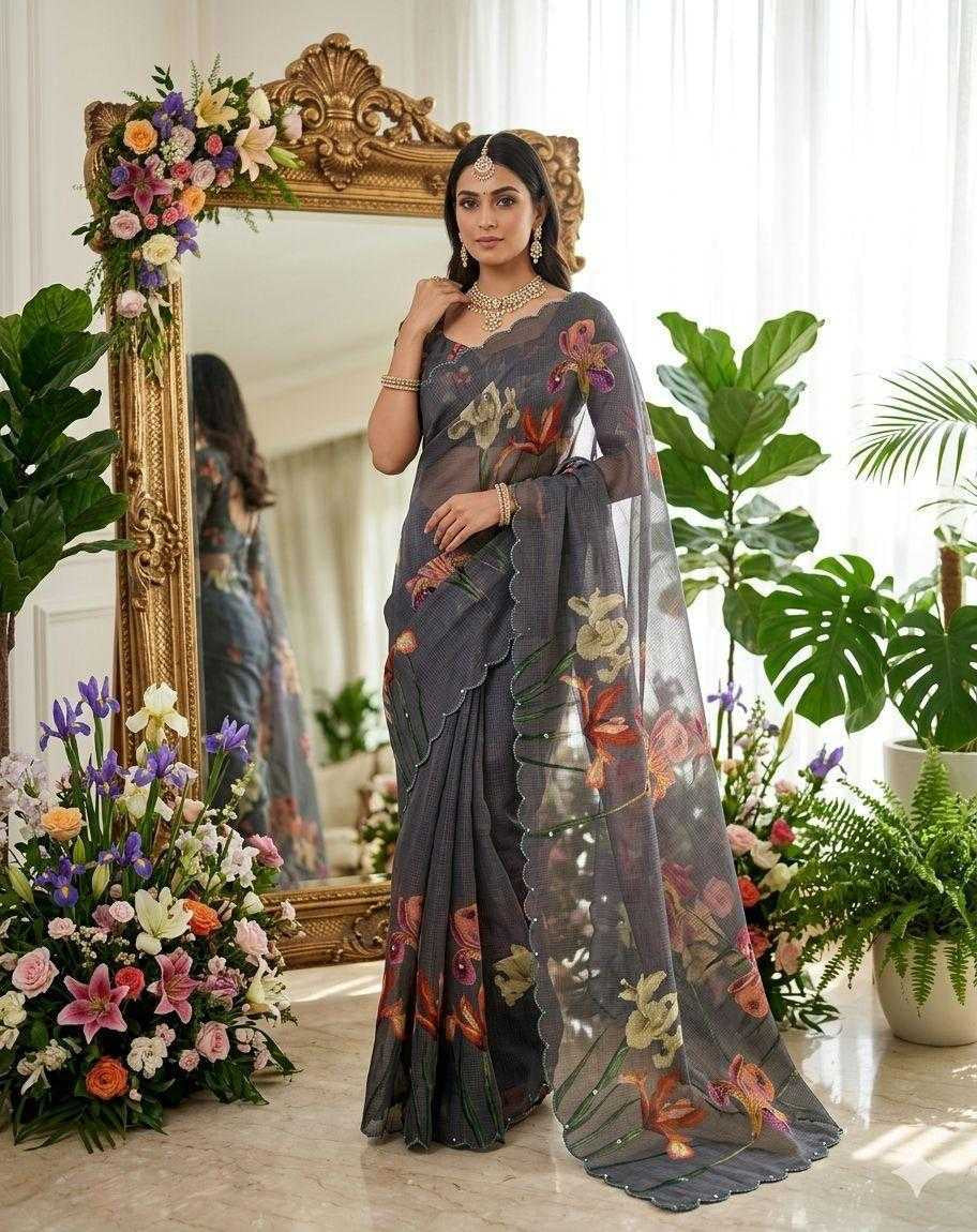 Soft Kota Checks Saree with Floral Digital Print, Foil Mirror Embroidery & Scalloped Cutwork Border