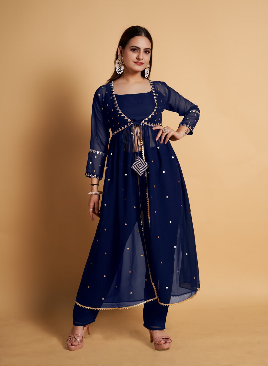 Blue Hand Embroidered Kurta & Palazzo With Dupatta