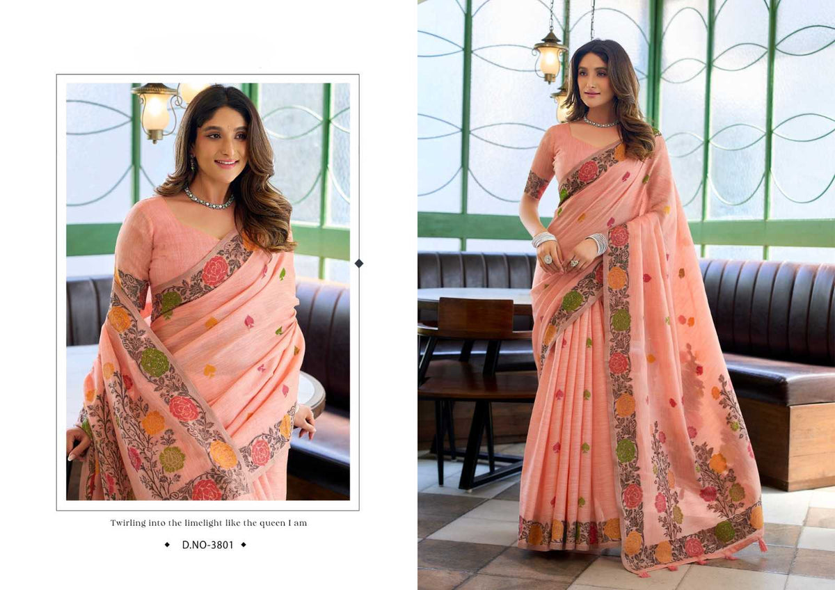 Heavy Linen Jacquard Handloom Saree with Fancy Tassels