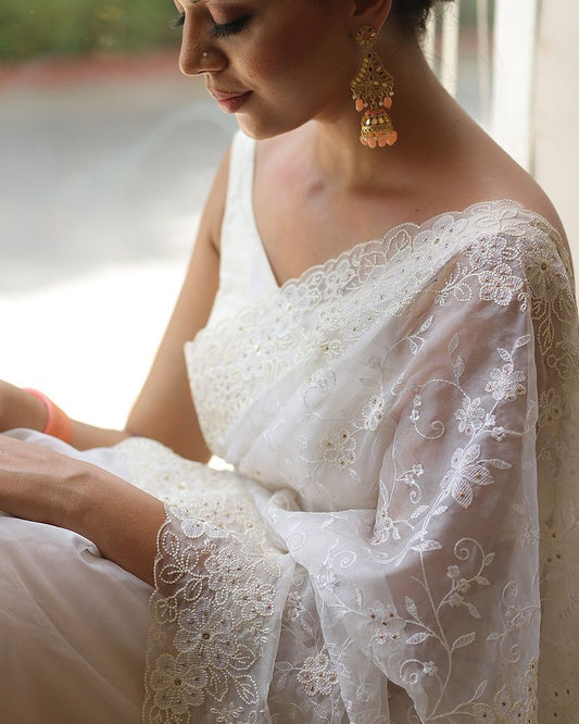 Pure soft Off-white silk organza saree