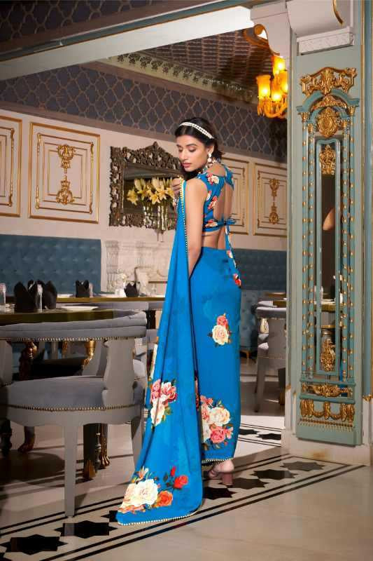 Georgette Printed Saree with Pearl Lace Border & Matching Blouse