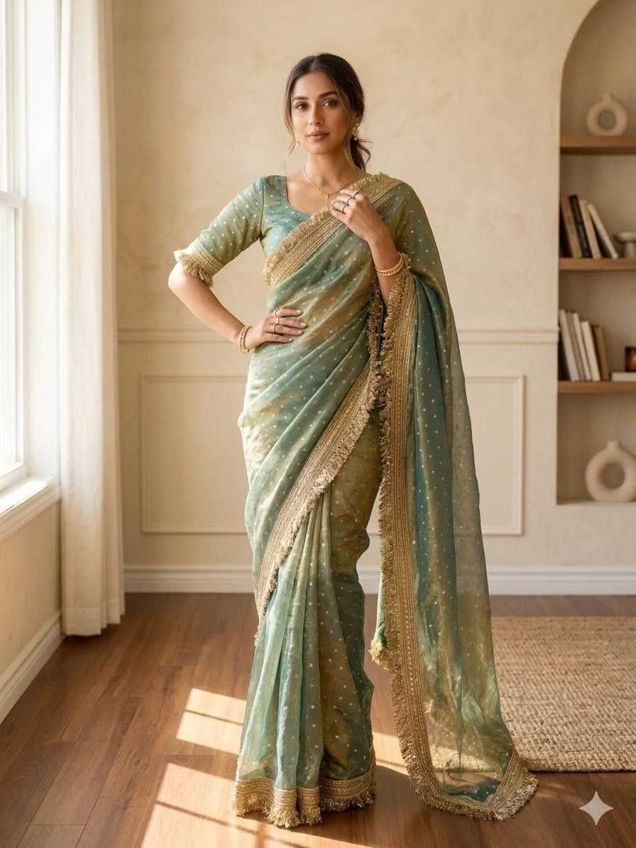 Premium Moss Silk Saree with Jacquard Butti Work & Fancy Lace Border