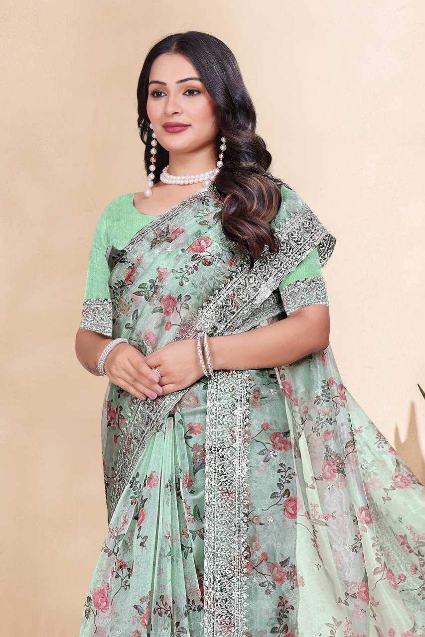 Tissue Organza Saree with Digital Floral Print & Embroidery Work