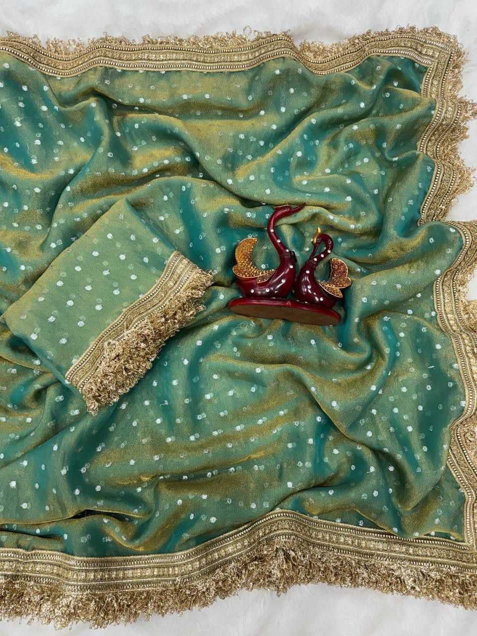 Premium Moss Silk Saree with Jacquard Butti Work & Fancy Lace Border