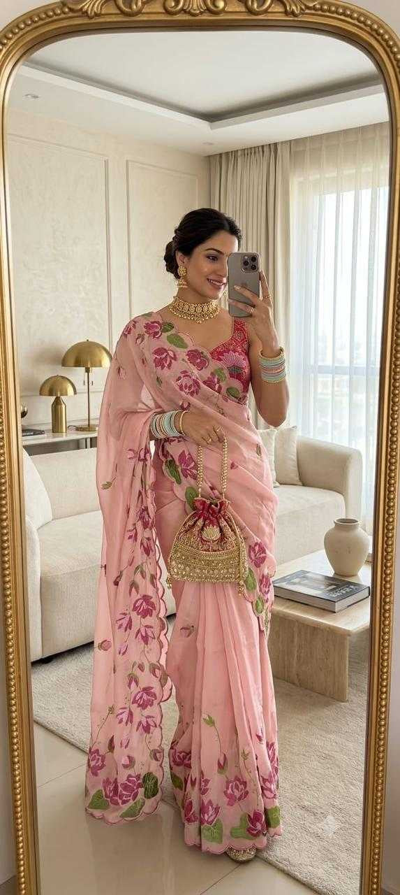 Georgette Digital Print Saree with Handwork Khatli & Cutdana Border