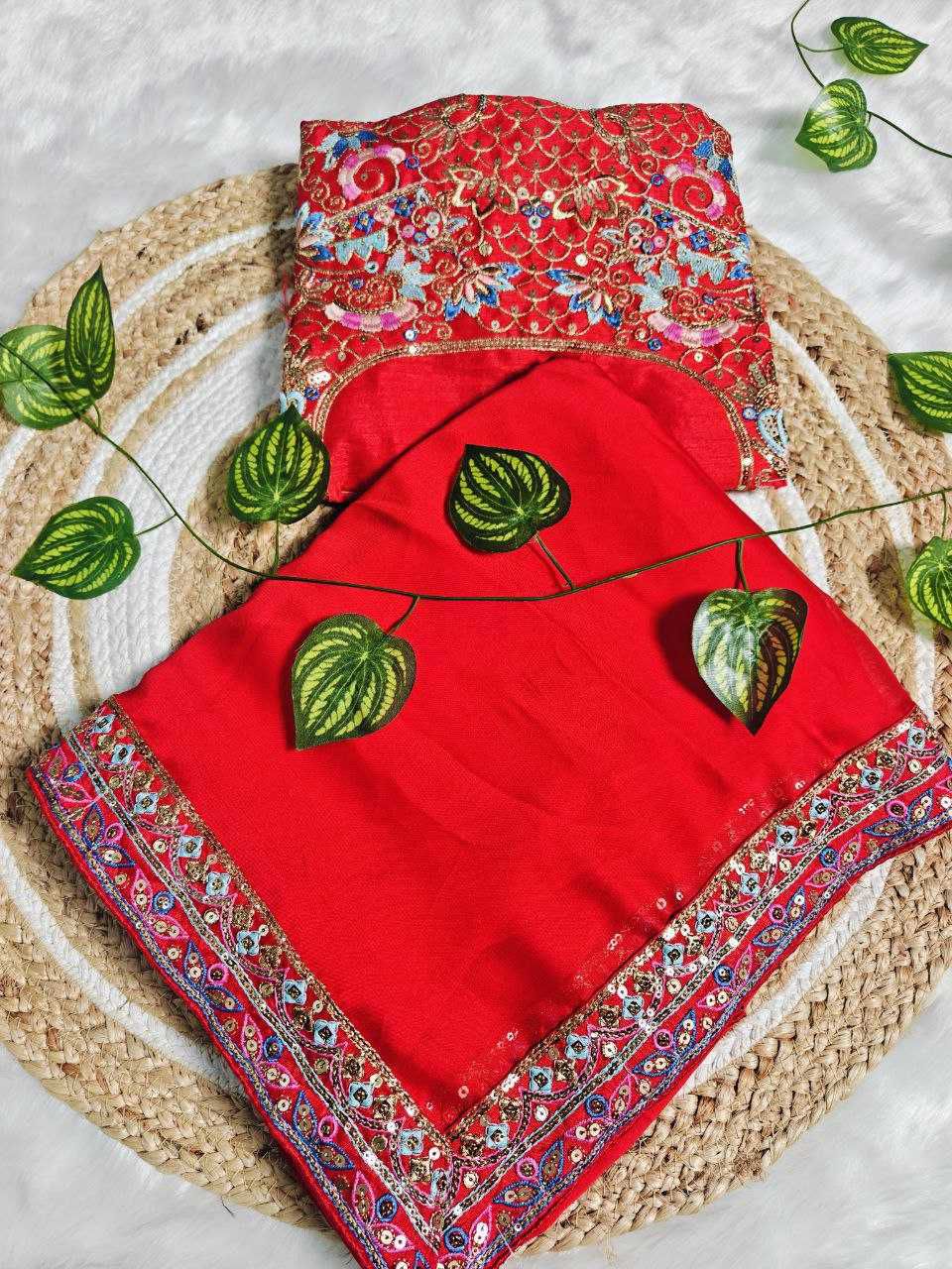 Designer Rangoli Silk Saree with Multi Embroidery, Double Sequence Work and Unstitched Blouse