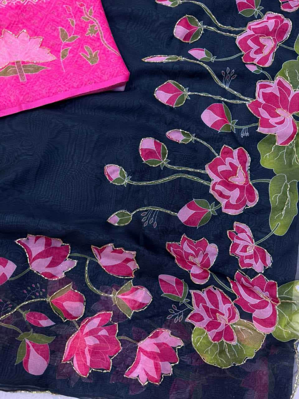 Premium Tabby Silk Saree with Floral Print, Beads & Katdana Handwork