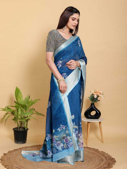 Floral Digital Print Jacquard Patta Linen Cotton Saree with Designer Blouse