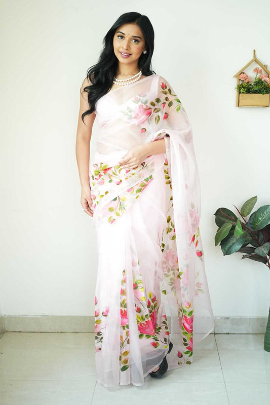 White Organza Ready-to-Wear Printed Saree with Matching Blouse
