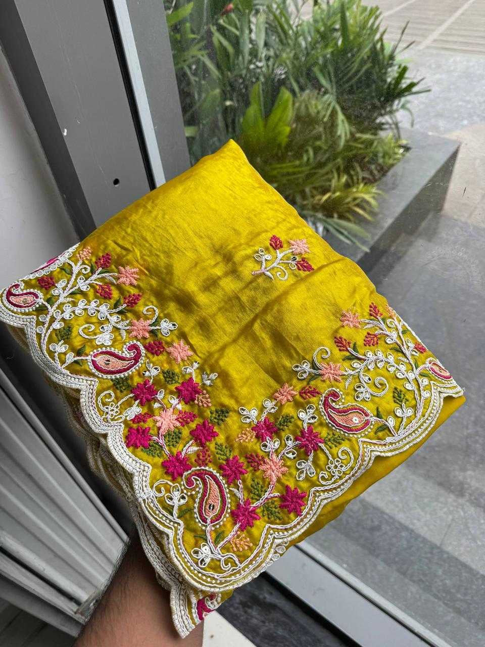 Premium Space Silk Saree with C-Pallu Embroidery & Cutwork Border