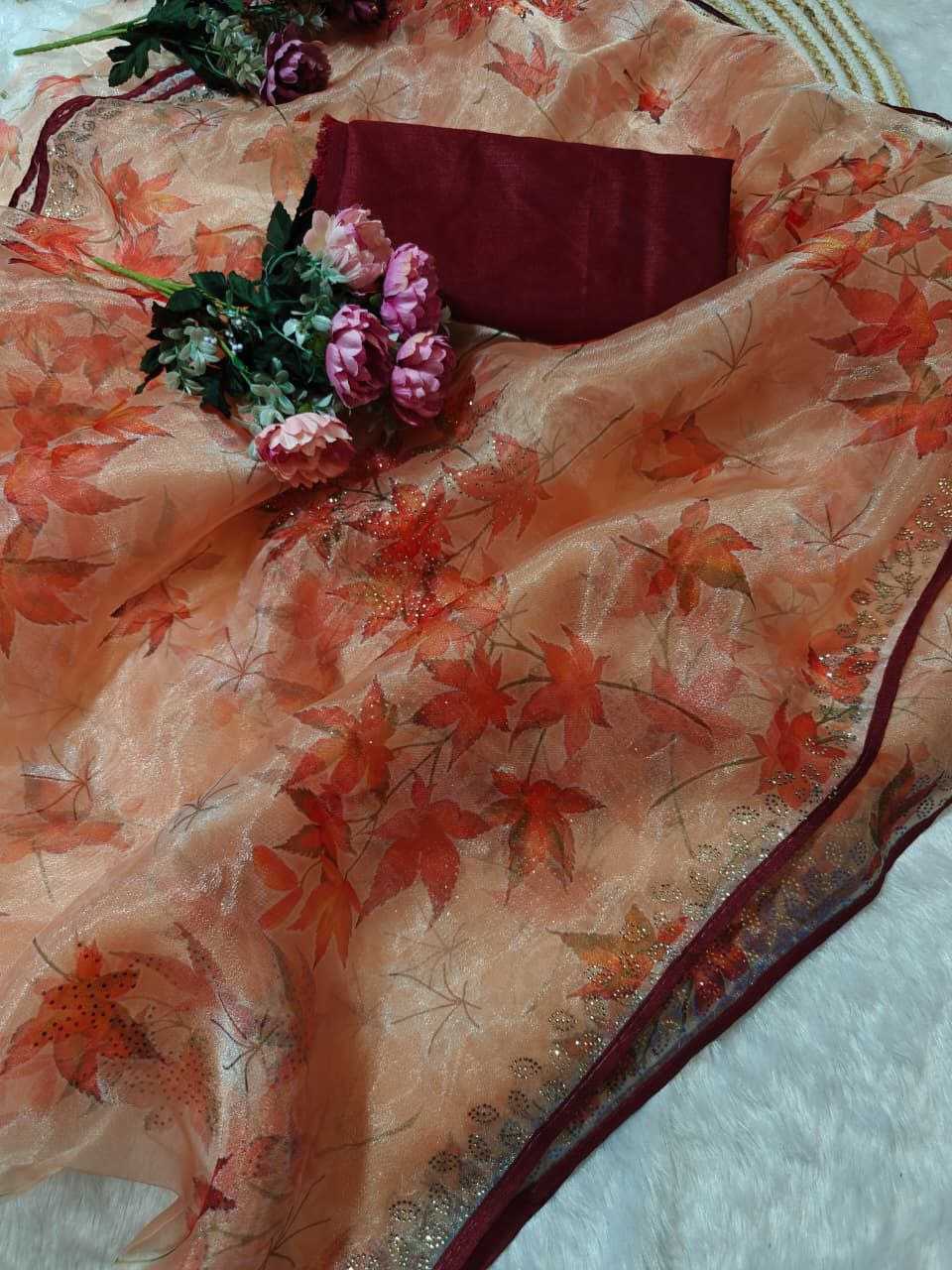 Soft Bright Organza Saree with Floral Print & Swarovski Work