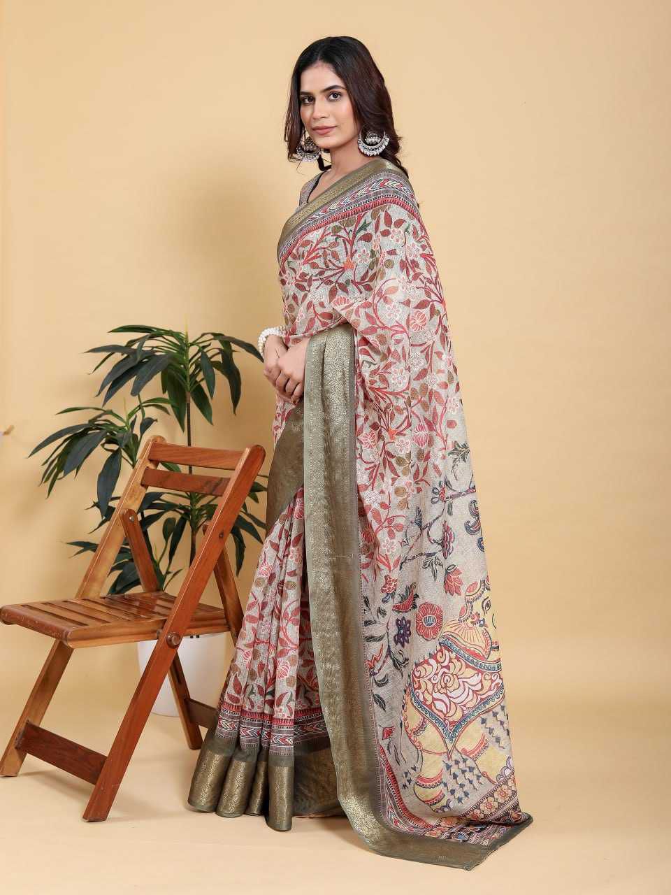 Jacquard Patta Linen Cotton Saree with Traditional Motifs & Elephant Design Pallu