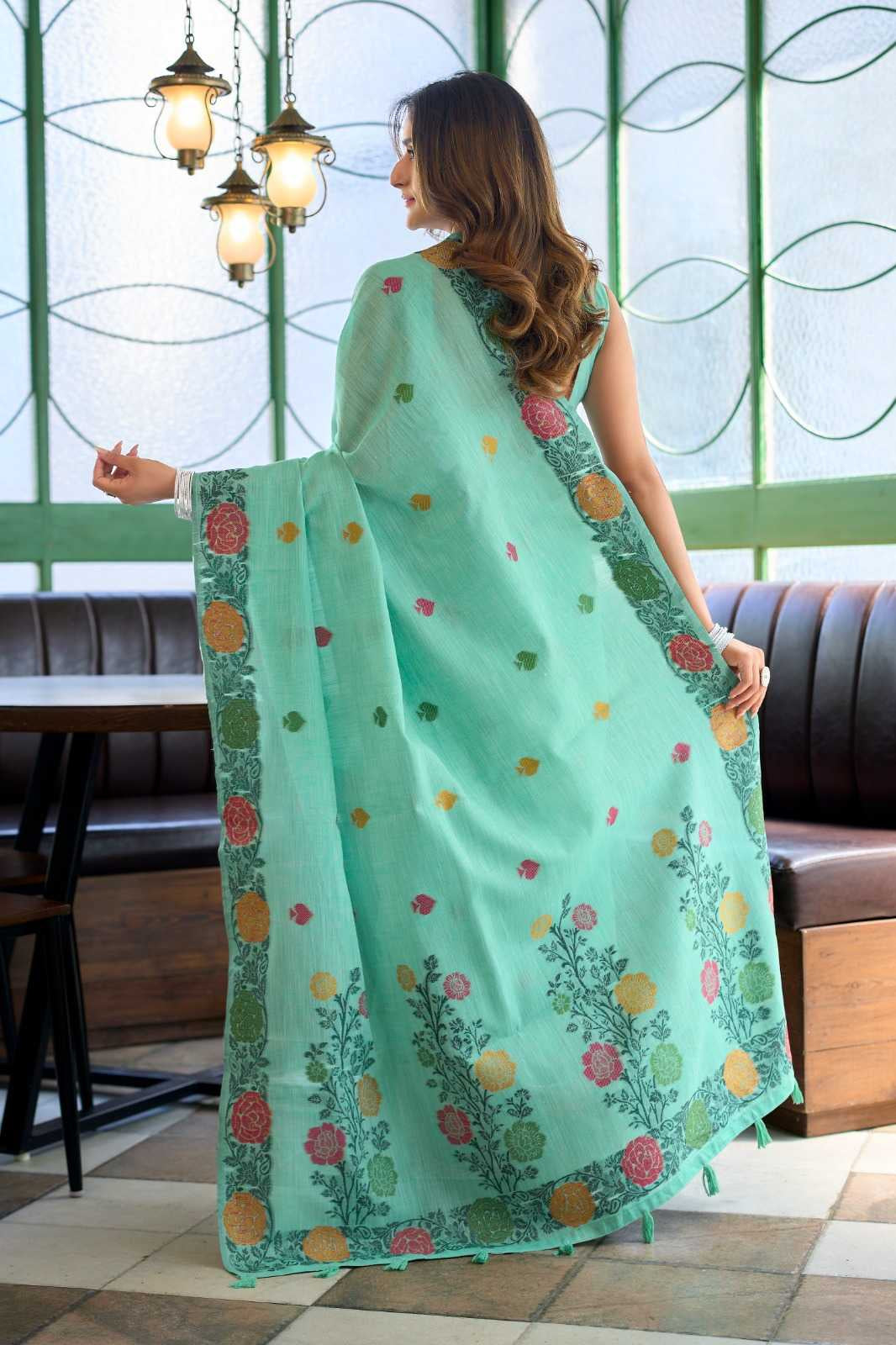 Heavy Linen Jacquard Handloom Saree with Fancy Tassels