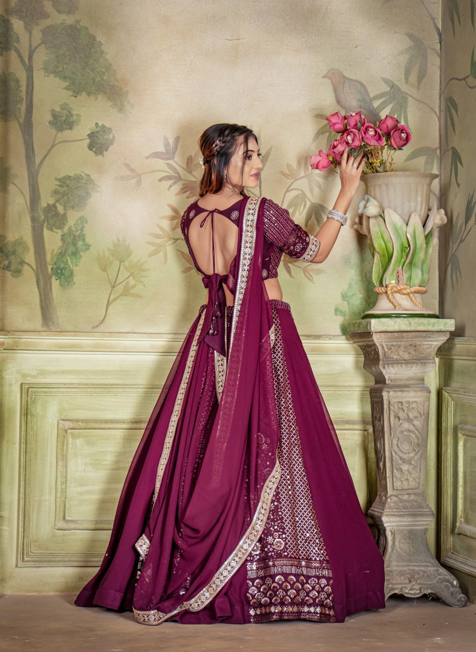 Eilara Women's Wine Georgette With Sequins And Embroidery Work Designer Lehenga Choli