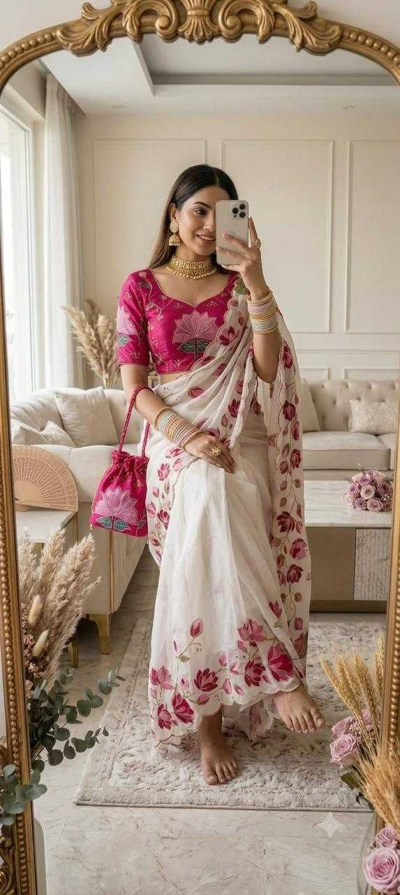 Georgette Digital Print Saree with Handwork Khatli & Cutdana Border