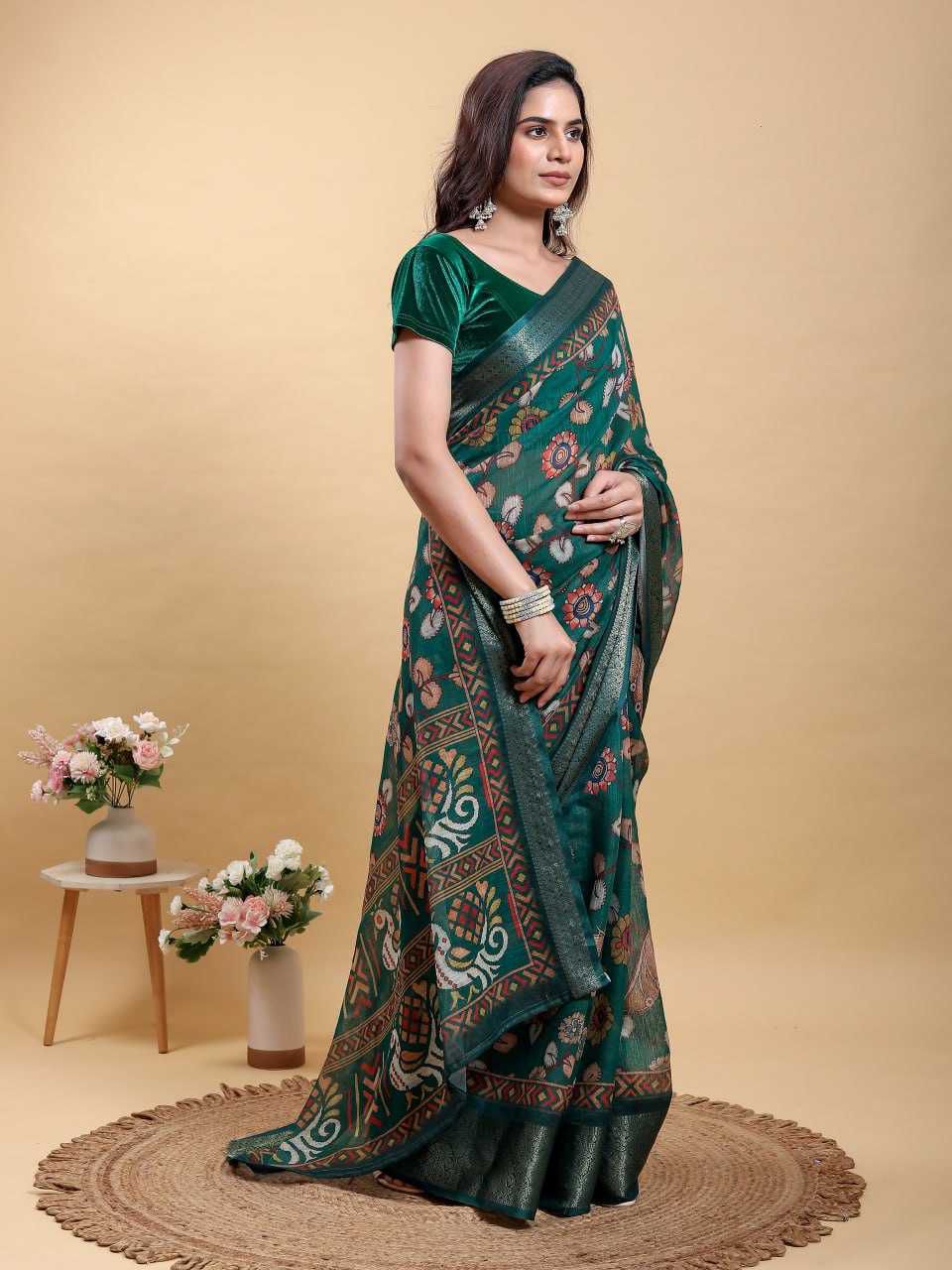 Jacquard Patta Linen Cotton Saree with Floral & Geometric Digital Print and Patola-Inspired Pallu