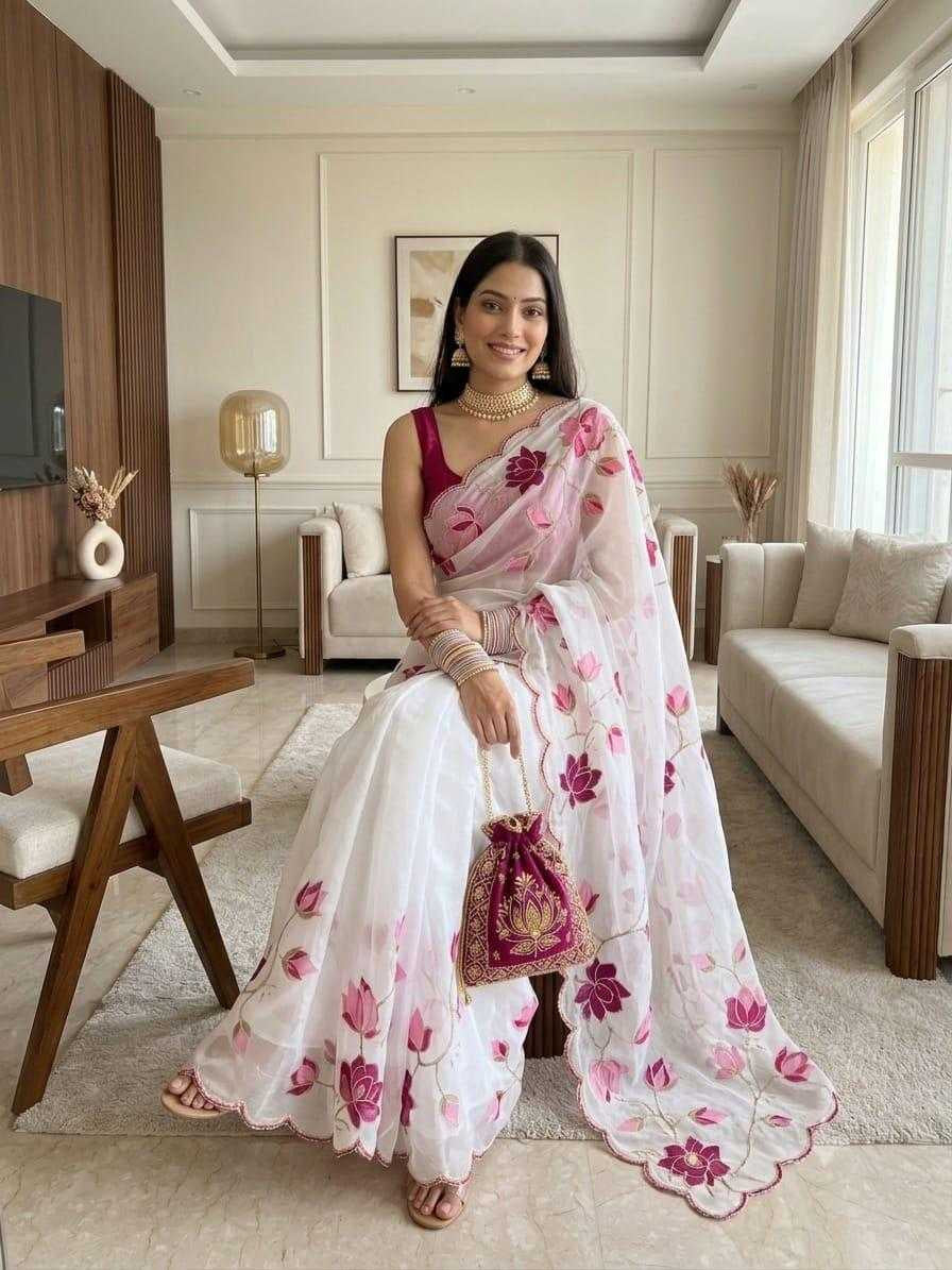 Georgette Digital Print Saree with Handwork Khatli & Cutdana Border