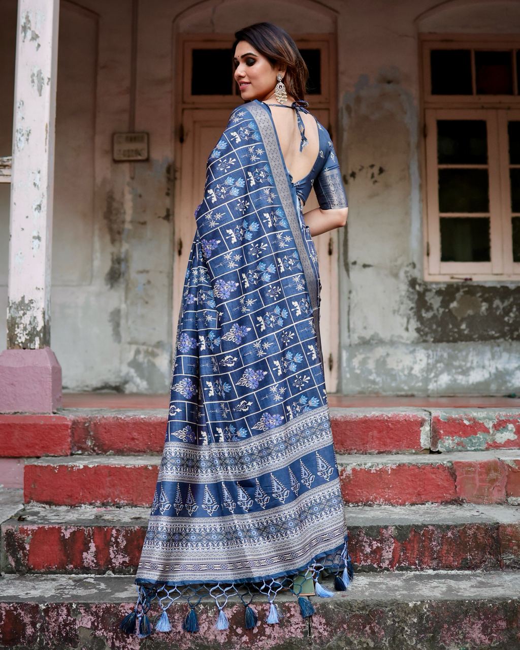 Navy Blue Color Pure Silk Digital Printed Party Wear Saree