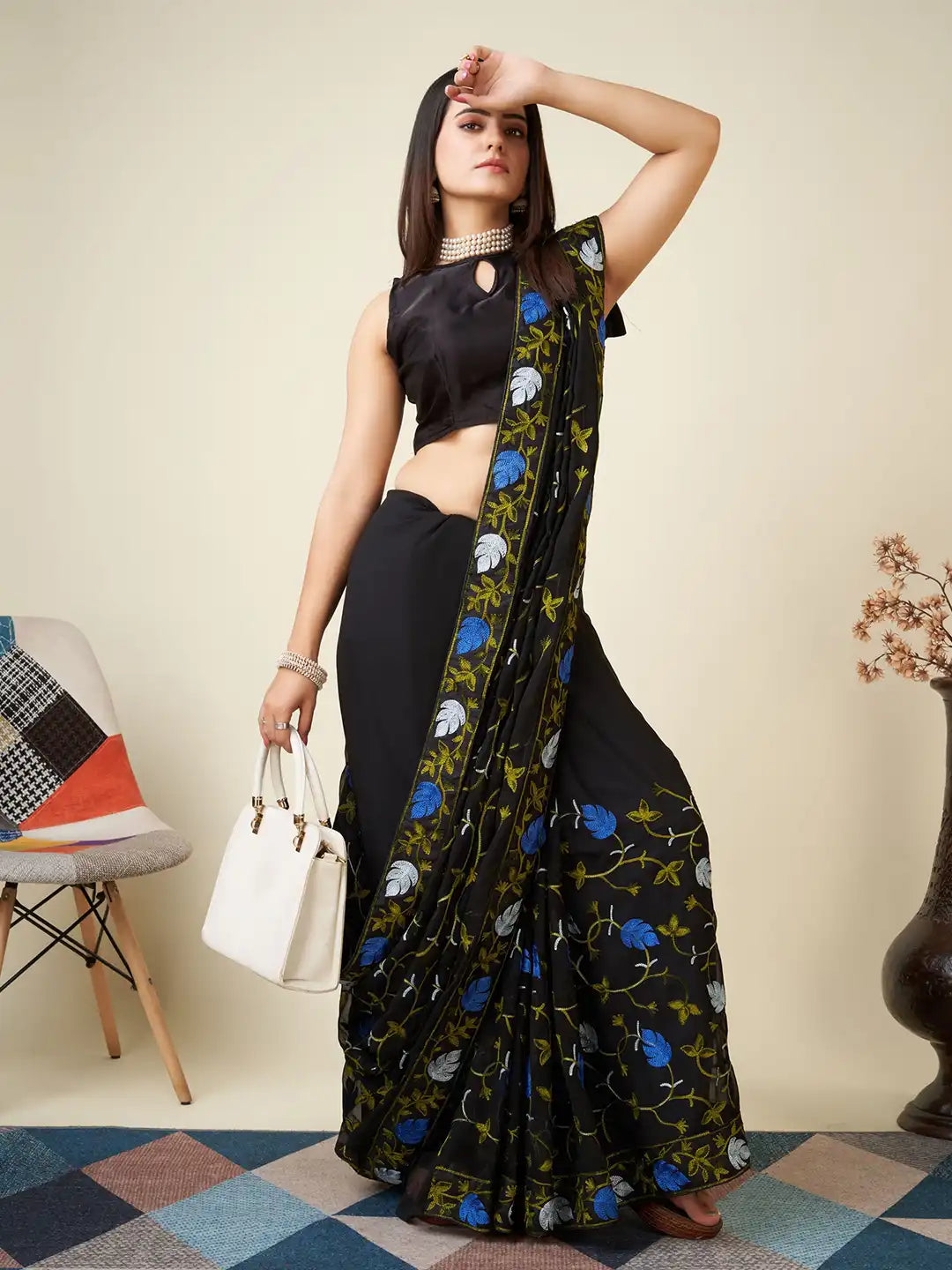 Premium Faux Georgette Saree with Kashmiri Work & Piping Border