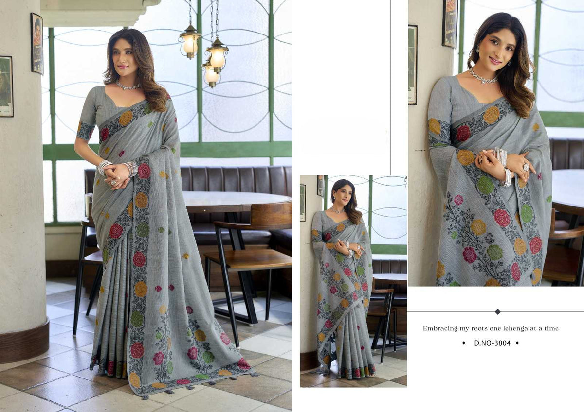 Heavy Linen Jacquard Handloom Saree with Fancy Tassels