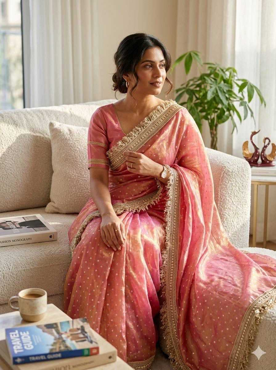 Premium Moss Silk Saree with Jacquard Butti Work & Fancy Lace Border