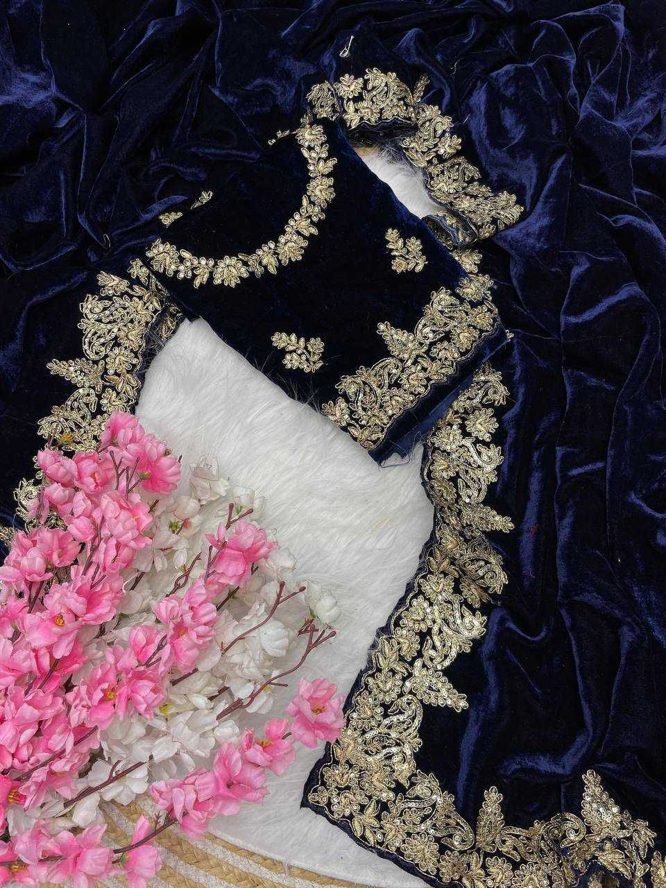 Designer 9000 Velvet Saree with Sequins, Embroidery Zari C-Pallu and Cutwork Border