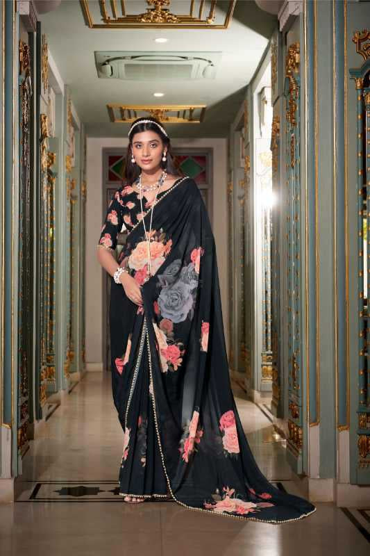 Georgette Printed Saree with Pearl Lace Border & Matching Blouse