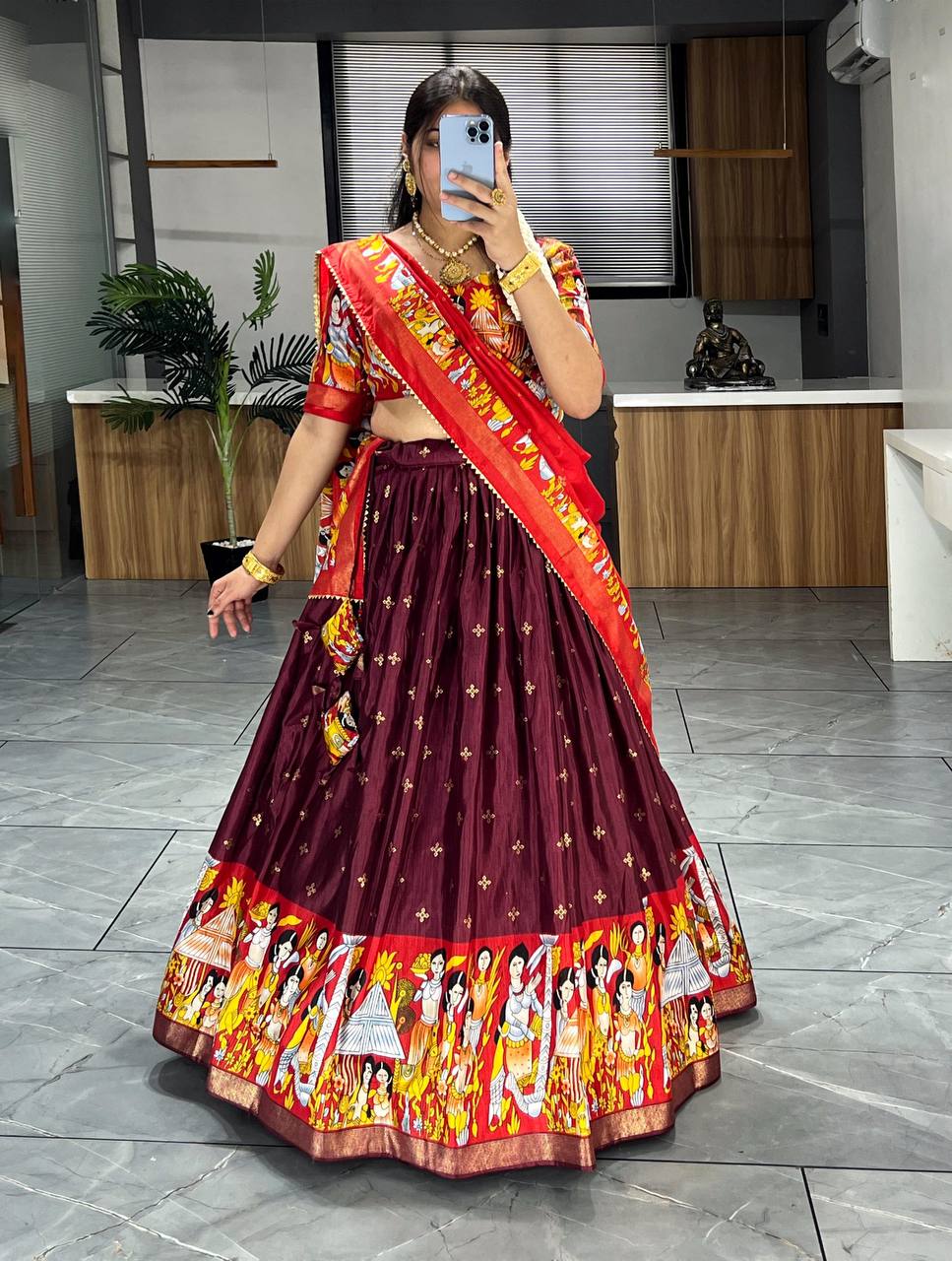 Gorgeous Wine Kalamkari Printed silk Festive Wear Lehenga Choli